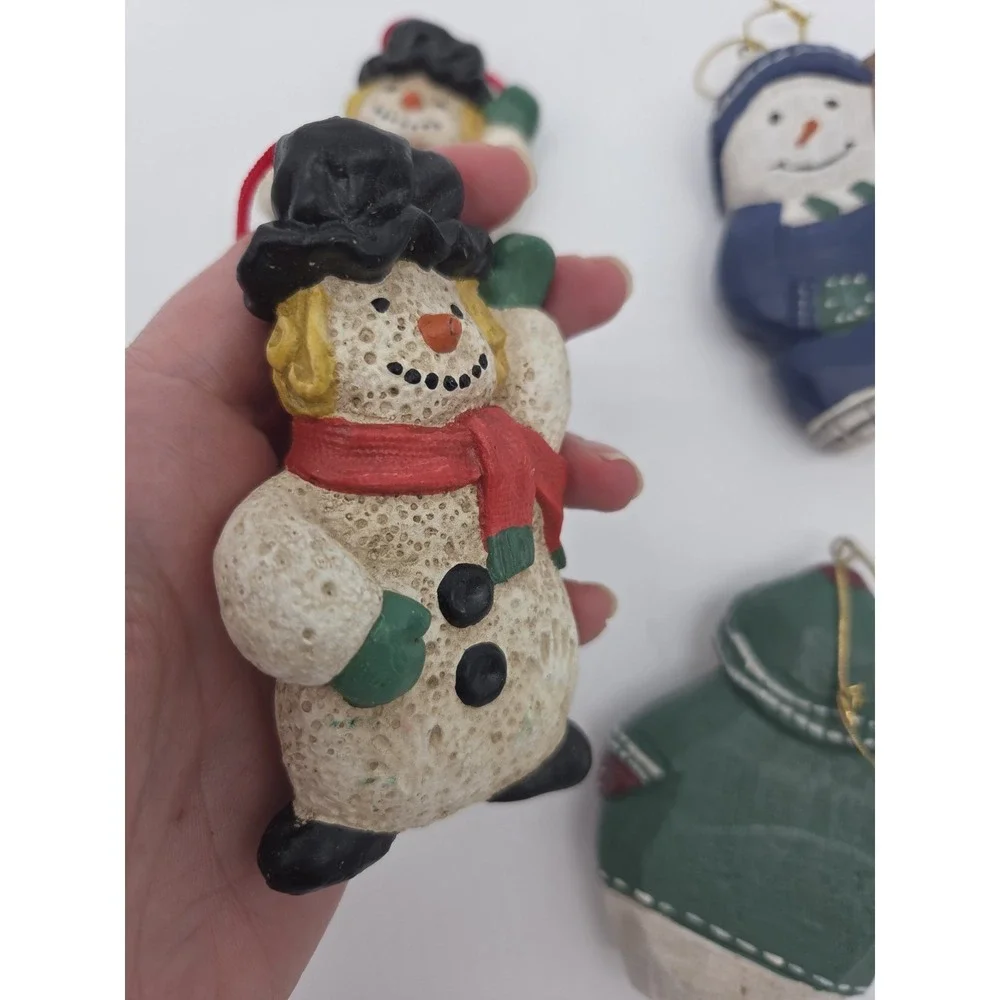 Lot of 4 Mixed Playful Fun Snowman Christmas Ornaments Wood Resin Vntg